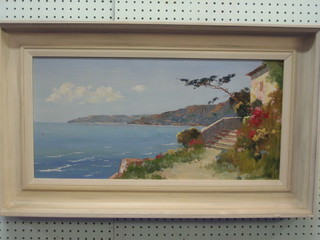 Oil painting on canvas "Mediterranean Scene - Bay with Building with Terrace" 11" x 24" (hole left hand side)