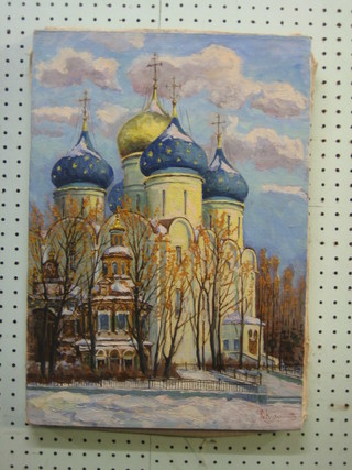 Russian School, oil on canvas "Church" 20" x 14" signed and inscribed to the reverse