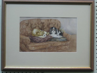 Watercolour drawing "Two Seated King Charles Spaniels on a Sofa" 6" x 11"