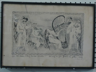 Pencil drawing "Religious Scenes with Angels" with inscription beneath, dated 1923 6" x 10"