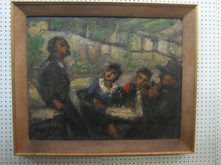 Impressionist oil painting on board, "Restaurant Scene with Figures" 20" x 26"