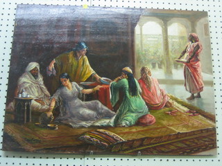 Persian School, oil painting on board "Interior Scene with Figures" 18" x 34"