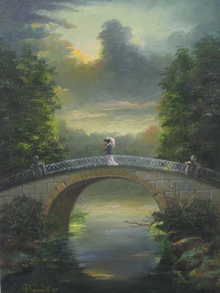 An Eastern oil painting on canvas "Lady Walking Over a Moonlit Bridge" 16" x 12"