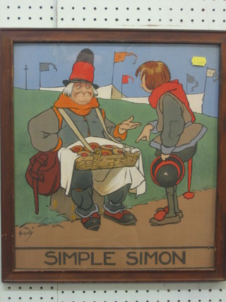 3 1930's coloured prints after Hassally "The Fool, Little Jack Horner and Simple Simon" 15" x 14"