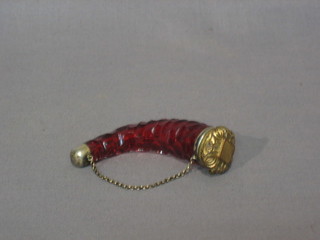 A Victorian ruby glass horn shaped vinaigrette with gilt metal mounts 3"