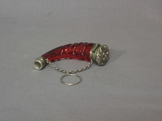 A Victorian ruby glass horn shaped scent bottle with silver mounts 3"
