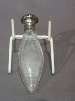 An oval etched glass scent bottle with silver lid marked 1798, 4"