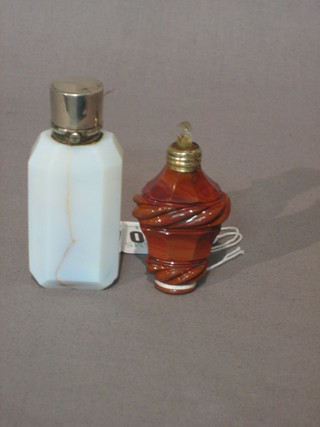 A brown shaped glass scent bottle 3" and a Victorian marbled glass scent bottle 3" (f)