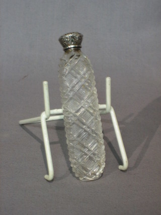 A Victorian cut glass scent bottle with silver collar 4" (hinge f)