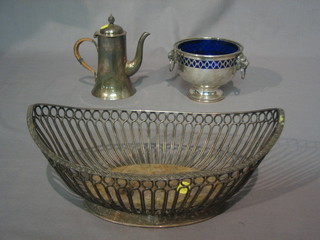 A boat shaped pierced silver plated basket 11", a silver plated coffee pot 5" and a circular silver plated bowl with blue glass liner