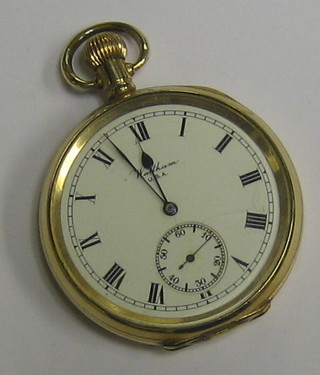 An open faced pocket watch by Waltham contained in a gold plated case