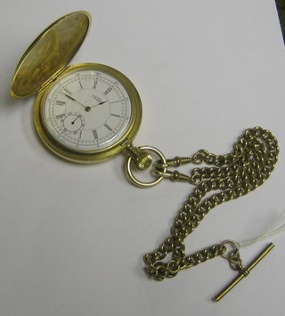 A pocket watch by Gradus contained in a gold plated full hunter case together with a gilt metal double Albert chain