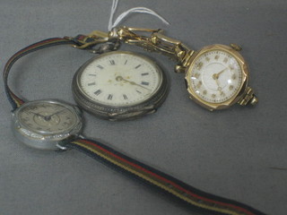 A lady's wristwatch contained in a gold case, 1 other lady's wristwatch and a silver fob watch