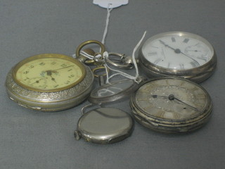 An open faced pocket watch with Roman numerals by Farringdon contained in a silver case, 1 other (f), a Continental open faced pocket watch and a wristwatch contained in a gun metal case