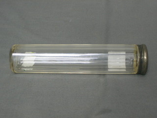A cylindrical cut glass pin jar 6" with silver collar