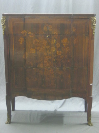 A 19th Century inlaid French walnut escritoire/cocktail cabinet, fitted 1 long drawer with fall front, inlaid flowers, having gilt metal embellishments and raised on cabriole supports 38"