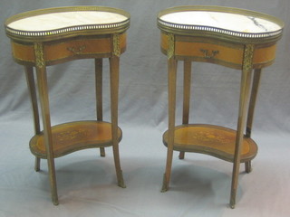A pair of Edwardian  French chimney shaped bedside tables with pierced brass gallery and white veined marble tops, fitted a drawer with undertier 18"