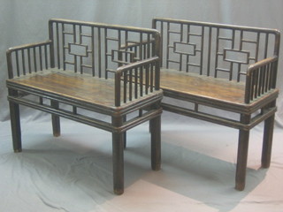 A pair of 19th Century Chinese hardwood benches with rail backs 36"
