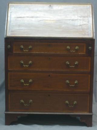 An Edwardian bleached and inlaid mahogany bureau, the fall front revealing a well fitted interior above 4 long graduated drawers, raised on bracket feet 29"