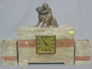 An Art Deco 2 colour marble clock garniture, the clock with square gilt dial and Arabic numerals surmounted by a spelter figure of a seated dog with child, complete with 2 side pieces