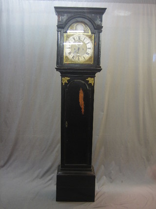 An 18th Century 8 day London made long case clock with 5 pillar movement, striking on a bell, the 12" arch shaped dial marked Dan Kedden in Noble Street by Cheap Side London with gilt metal spandrels, silvered chapter ring and Roman numerals, subsidiary second hand and calendar aperture, contained in a dark oak case 83"