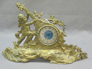 A bedroom timepiece with paper dial by Slava contained in a gilt metal case in the form of a banjo with cherub 11"