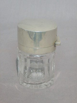 A cylindrical cut glass dressing table jar with glass stopper and silver hinged lid, Birmingham 1919 3"