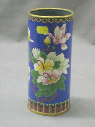 A blue ground and floral pattern cloisonne cylindrical vase 8"