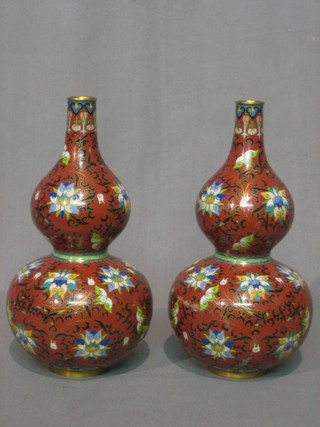 A pair of cloisonne enamelled double gourd shaped vases 10"