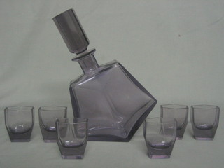An Art Deco amber tint liqueur set by Moser comprising octagonal cut decanter and 6 liqueur glasses