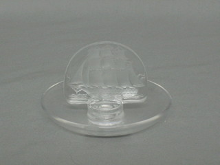 A circular Lalique glass pin tray with oval handle decorated a 3 masted sailing ship, the base signed Lalique 3"