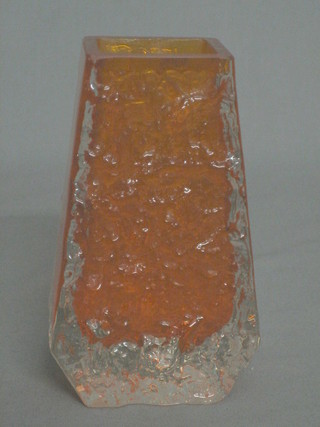 A Whitefriars orange glass coffin shaped vase 5"