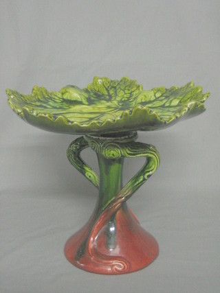 A Bretby Majolica style comport in the form of a leaf, the base impressed 1465 Bretby England 9"