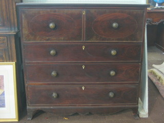 A Georgian mahogany secretaire chest with well fitted secretaire drawer above 3 long drawers with brass escutcheons and tore handles, raised on splayed bracket feet 47"
