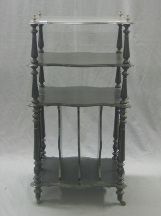 A Victorian ebonised 3 tier what-not, the base fitted a 3 division Canterbury 18"