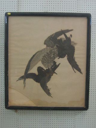 An Oriental picture of 3 diving birds formed from feathers 30" x 25"