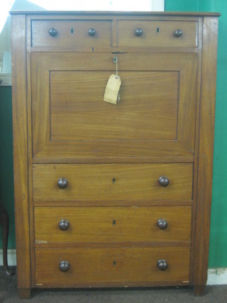 A 19th Century Continental escritoire with brown veined marble top (cracked) fitted 2 drawers above a compartment with fall front, the base fitted 3 long drawers with tore handles 36"