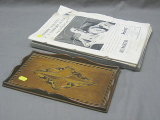 A small rectangular parquetry tray 11 1/2" and 3 issues of the Illustrated London News