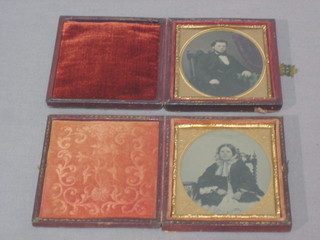 2 early black and white photographs in leather cases 4" x 3"