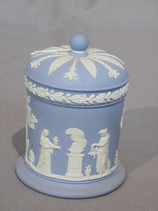 A Wedgwood blue Jasperware trinket box and cover, the base impressed 69, 5"
