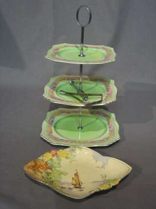A Royal Winton shaped dish decorated a sailing boat  9" and a Royal Winton Nevin pattern 3 tier cake stand