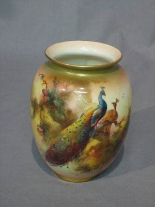 A Royal Worcester vase painted peacocks by Seagley, the base with purple Worcester mark 6"