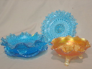 An orange Carnival glass bowl 7" and 4 other Carnival glass dishes