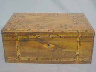 A rectangular mahogany trinket box with parquetry decoration 12"