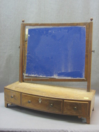 A 19th Century rectangular dressing table mirror contained in a mahogany swing frame, the bow front base fitted 1 long and 2 short drawers, raised on bracket feet 21"