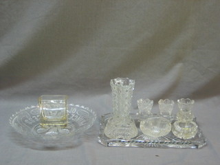 A Victorian 1888 pressed glass plate to commemorate the Silver Wedding of The Prince and Princess of Wales (f), a cut glass dressing table set and other items of glassware
