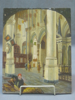 Continental School, oil painting on board "Interior Scene of a Cathedral with Grave Digger", monogrammed JW 10" x 8"