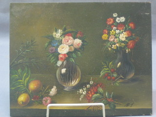 Continental School, oil painting on board, stil life study "Two Vases of Flowers" monogrammed R T 8" x 10"