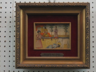 An Eastern watercolour "Court Scene" with plaque marked Roif Fath A Aly Chah 4" x 5"