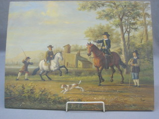A reproduction 17th Century style Continental oil painting on board "Equestrian Figures with Hound" 12" x 16" monogrammed JW